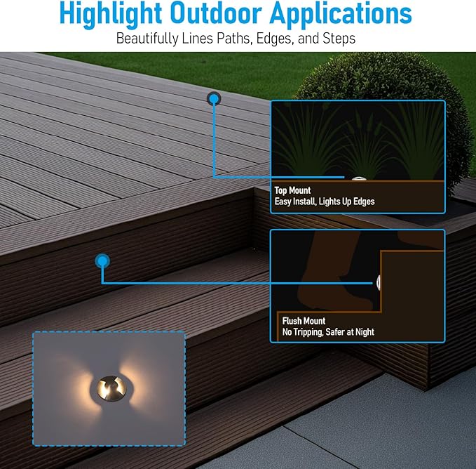 LEONLITE 12-Pack Low Voltage Recessed LED Deck Light, IP67 Waterproof, 12-24V AC/DC, Dual Beam 102° Butterfly Glow, 1W 3000K 1.3 Inch Mini Flush Mount, Stainless Steel for Pathway Step Deck Driveway