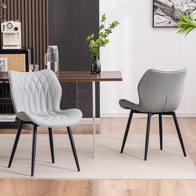 Kidol & Shellder Dining Chairs Set of 2, PU Leather Upholstered Kitchen Chairs with Back Armless, Mid Century Modern Side Chair for Dining Room, Living Room, Lounge, Restaurant, Gray
