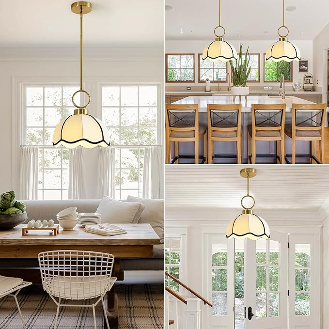 11.81” Modern Boho Pendant Light Vintage Farmhouse White Fabric Pendant Light Fixtures Adjustable Rod Hand Woven Pendant Lights for Kitchen Island, Dining Room, Bedroom, Hallway, Entryway