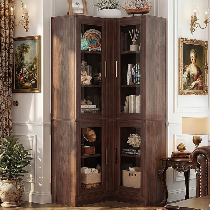 Armocity Corner Bookcase with Doors, 70" Tall Corner Bookshelf Cabinet with LED Lights, 6-Tier Corner Book Shelf for Home Office, Living Room, Black Walnut