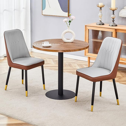 Round Dining Table Set with 2 Spliced Color PU Chairs, 31.5 Inch Dark Wood Grain Table with Suction Molding Annular Texture and Gold Leg Decoration, Modern for Kitchen and Dining Room