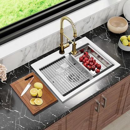 Davivy 25 Inch White Granite Composite Kitchen Sink Workstation, Quartz Kitchen Sink White, Drop in & Undermount Installation, Single Bowl Design with Accessories