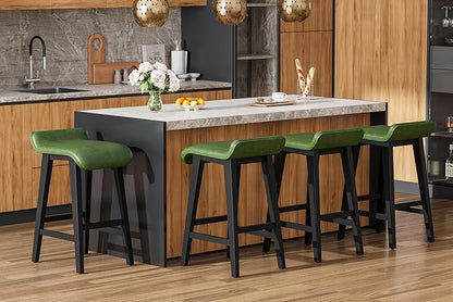 IDEALHOUSE 26.2" Solid Wood Bar Stools Set of 4, Counter Height Bar Stools with Wide PU Leather Upholstered Seat, Barstools Set for Kitchen Islands, Counter Bars, Green