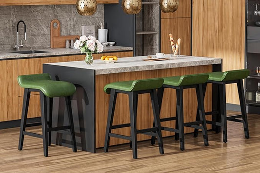IDEALHOUSE 26.2" Solid Wood Bar Stools Set of 4, Counter Height Bar Stools with Wide PU Leather Upholstered Seat, Barstools Set for Kitchen Islands, Counter Bars, Green