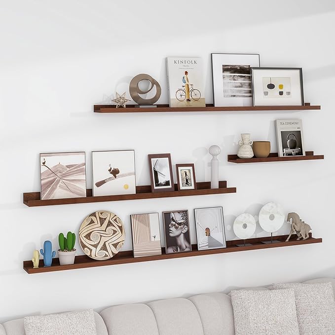 FLYJOE Picture Ledge Wall Shelves 36 inch Width Set of 2, Solid Pine Wood Rustic Floating Ledge Shelves for Wall for Kids' Room Bedroom Kitchen Bathroom Living Room Nursery Display Wall Decor, Walnut