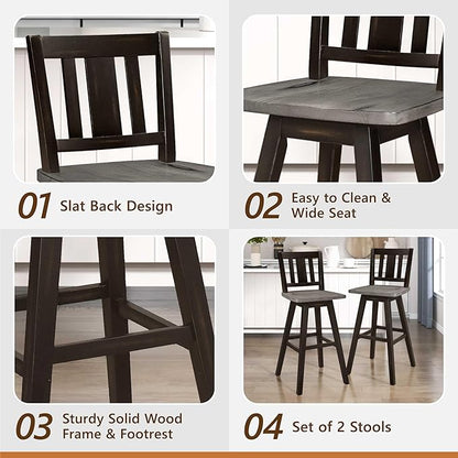 Lexicon Bar Height Bar Stools Set of 2-Solid Wood Frame 360° Swivel Wooden Stools, Foot Rest, Slat Back, Wide Seat, Distressed Farmhouse Easy to Clean Finish, 28.5" SH, Antique Black/Grey