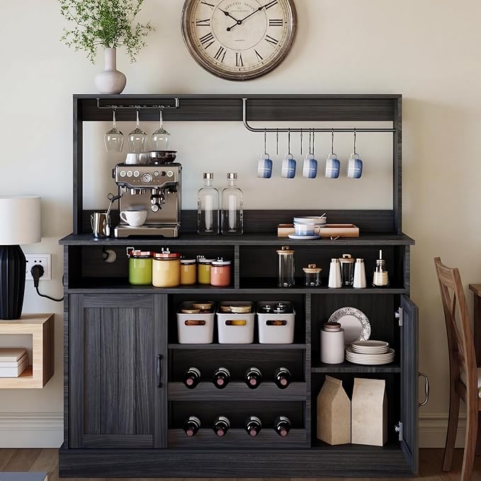 47" Farmhouse Coffee Bar Cabinet with Storage, Buffet Cabinet with Goblet Holder, 5Hooks, Power Outlets, Sideboard Cabinet Coffee Bar Table with Adjustable Shelves for Kitchen & Living Room, Grey
