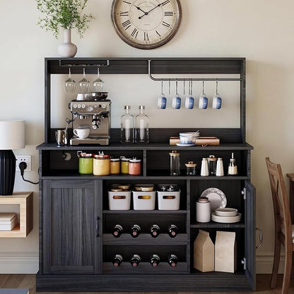 47" Farmhouse Coffee Bar Cabinet with Storage, Buffet Cabinet with Goblet Holder, 5Hooks, Power Outlets, Sideboard Cabinet Coffee Bar Table with Adjustable Shelves for Kitchen & Living Room, Grey
