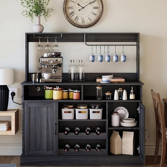 47" Farmhouse Coffee Bar Cabinet with Storage, Buffet Cabinet with Goblet Holder, 5Hooks, Power Outlets, Sideboard Cabinet Coffee Bar Table with Adjustable Shelves for Kitchen & Living Room, Grey