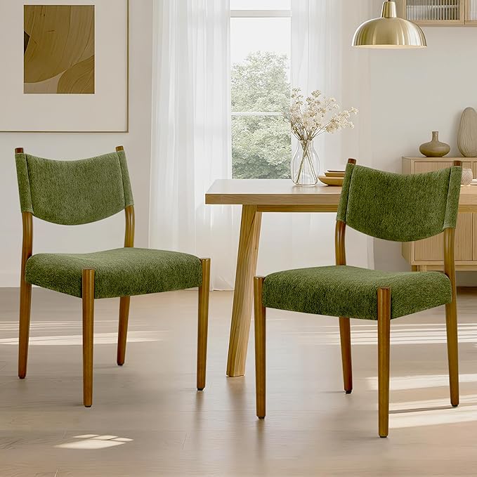KISLOT Upholstered Dining Chairs Set of 2, Solid Wood Armless Kitchen Chairs with Soft Polyester Fabric, 18.9" Seat Height, Modern Dining Room Seating, 300 lbs Capacity, Green