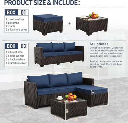 Patio Furniture Set 3 Pieces Outdoor Sectional Sofa Set Wicker Patio Furniture Outdoor Couch Outdoor Ottoman Coffee Table with Storage All-Weather Anti-Slip Cushions Waterproof Covers, Navy Blue
