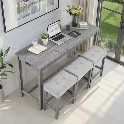 LKTART 4 Piece Bar Table Set Dining Bar Table and Chairs Set with Power Outlet Industrial Breakfast Table with 3 Padded Stools Rustic Bar Kitchen Dinning Room Living Room Grey