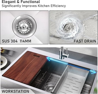 33x22" Drop-in Kitchen Sink Workstation 3D Embossed Surface- 18-Gauge 9" Depth Stainless Steel Single Bowl Top Mount with Accessories