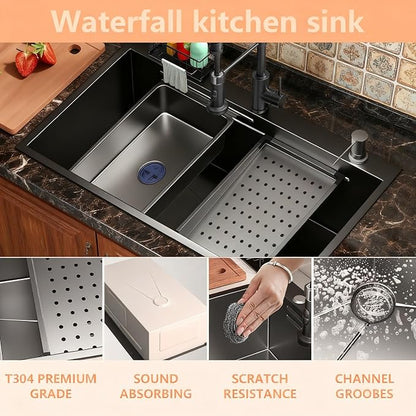 32 Inch Black Drop-In Stainless Steel Kitchen Sink: Single Bowl Deep Scratch Resistant 16 Gauge Workstation with Faucet & Accessories Combo for Family Kitchen