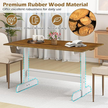 Giantex 55" Dining Table for 4-6, Farmhouse Kitchen Table with H-Shaped Rubber Wood Leg, Adjustable Foot Pads, Rectangular Wood Dinner Tables for Dining Room, Home Office, Living Room, Dinette