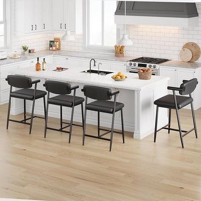 GarveeHome Bar Stools Set of 6 with Arms, 26" Modern 6-Piece Counter Height Metal Barstools Set with Back & Footrest, Upholstered Wider Seat, Sturdy Frame, for Counter Bar, Kitchen Island, Retro Black