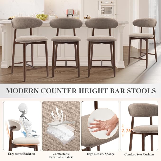 COLAMY Counter Height Bar Stools Set of 3, Kitchen Bar Stools with Back, Mid Century Modern Upholstered, with Wood Legs for Kitchen Island Dining Room, Camel