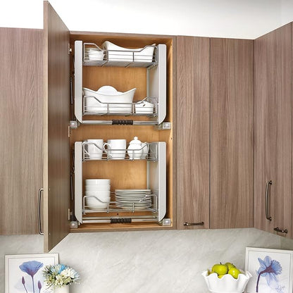 Rev-A-Shelf 24" Pull Down Heavy Duty Shelf Organizer for Tall Kitchen/ Bathroom Cabinets, Dual Tier Wall Mounted Pantry Storage, Chrome, 5PD-24CRN