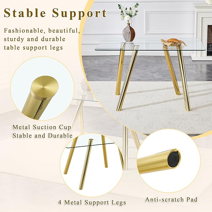 51.2 Inch Glass Dining Table for 4-6 People, Sturdy Metal Tube Legs, Glass Gold Dining Room Tabble for 4, Space-Saving Rectangular Breakfast Nook Table for Home Apartment