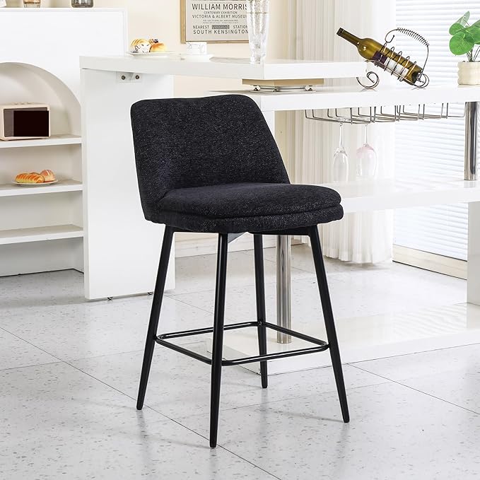 Counter Height Swivel Bar Stools Set of 2, 360° Swivel Upholstered Barstools with Back and Metal Legs, 25.6" Seat Height,Counter Stools for Kitchen Island and Pub,Linen Cloth,for Living Room