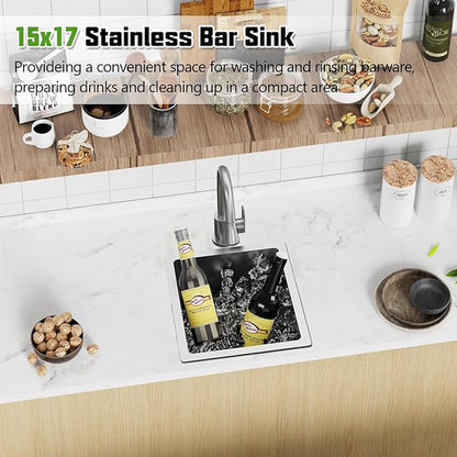 15x17In Undermount Kitchen And Bar Sink- Stainless Steel Single Bowl Modern Drop In Kitchen&Bar Sink With SS Grid,Silicon Mat,Colander,Drain Strainer Compatibility With Various Kitchen&Bar Style