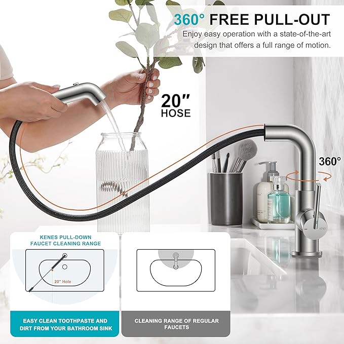 KENES Single Hole Bathroom Faucet with Pull Out Sprayer, Brushed Nickel Single Handle Pull Down Bathroom Faucets, Vanity Faucet with Pop Up Drain & Deck Plate, LJ-9055A