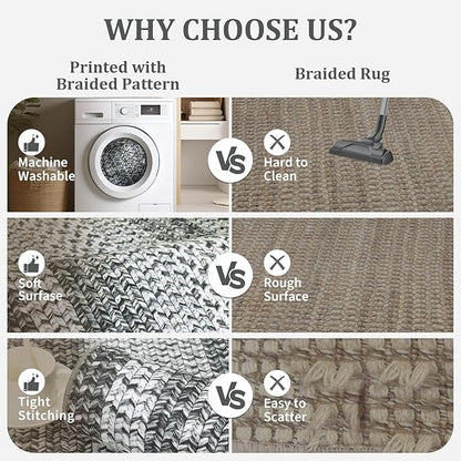 Washable Area Rug 10x13 Rug for Living Room Modern Rugs for Bedroom Grey Rug Imitation Braided Large Area Rug Non Slip Throw Rugs Stain Resistant Carpet for Nursery Dining Room 10'x13' Grey