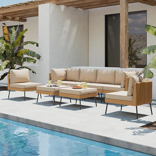 Aoxun 8 Piece Patio Furniture Set, 8 Seats Outdoor Sectional Sofas with Thick Cushion, Wicker Patio Outdoor Furniture Set with Ottomans for Party, Garden, Backyard, Beige