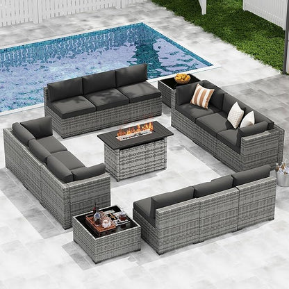 LazySunsets 15-Piece Patio Furniture Set with 44" Fire Pit Table, Wicker Outdoor Furniture, Patio Conversation Sets with Coffee Table, Outdoor Sectional Couch with Waterproof Cover, Black