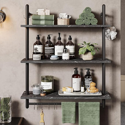 Bestier Floating Pipe Shelving, 31.5" Floating Kitchen Shelves Wall Mounted, 3 Tier Coffee Bar Shelf Ladder Bookshelf with Towel Bar Hooks for Kitchen Living Room Bathroom Bedroom, Black Marble