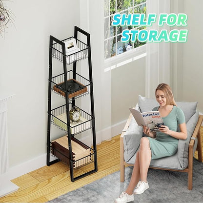 Simple Trending 4 Tier Wire Market Basket Standw, Fruit Basket Storage Stand for Vegetables, Bread, Onions, Potatoes, Black