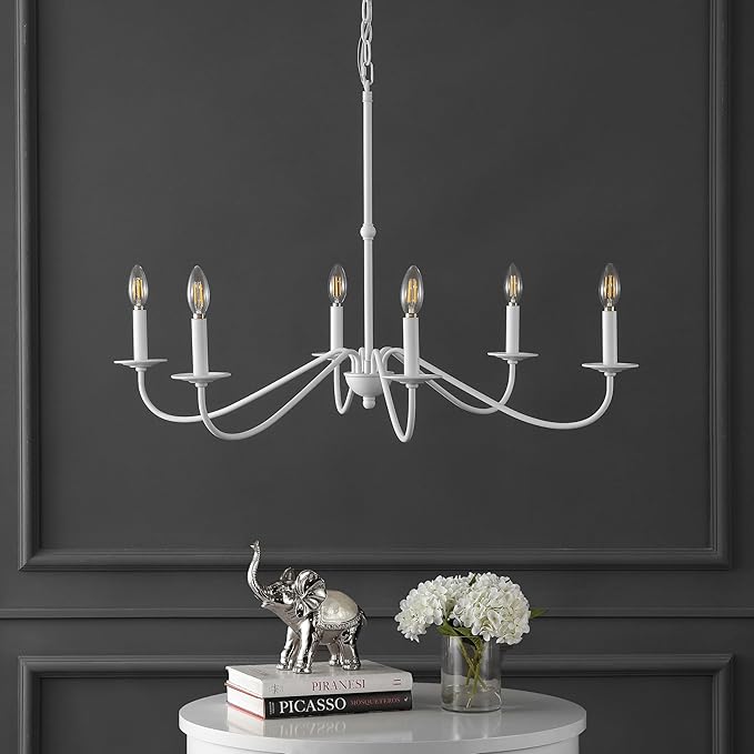 JONATHAN Y 34.75" White 6-Light Bohemian Farmhouse Iron Chandelier, Rustic Candle-Style LED Hanging Light for Dining Room Kitchen Island Entryway Foyer (JYL7559D)