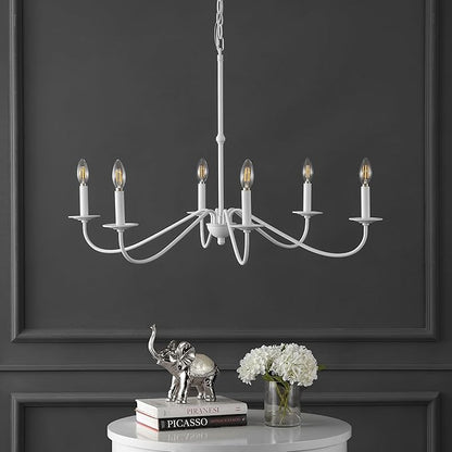 JONATHAN Y 34.75" White 6-Light Bohemian Farmhouse Iron Chandelier, Rustic Candle-Style LED Hanging Light for Dining Room Kitchen Island Entryway Foyer (JYL7559D)