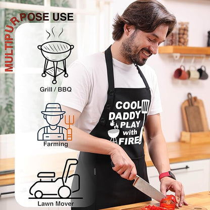 TOSHE Funny Apron Waterdrop Resistant Cotton Apron with adjustable Aprons for Women with Pockets 12 Color option Cooking (Black - Cool Daddy Play with Fire)