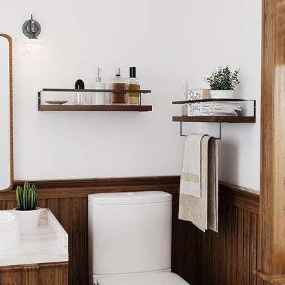 Wood Floating Shelves Wall Mounted - 2+1 Tier Rustic Bathroom Wall Shelves Over Toilet with Towel Bar, Natural Wood Set of 2 Farmhouse Floating Shelf for Bathroom, Kitchen, Bedroom, Dark Brown