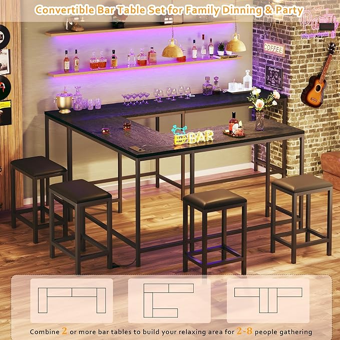 HUAHUU L Shaped Bar Table with Stools, 63‘’ Bar Height Table with Power Outlets, Convertible Corner Counter Height Bar Table with 2 Stools, Rectangular High Top Table for Small Spaces, Breakfast Nook