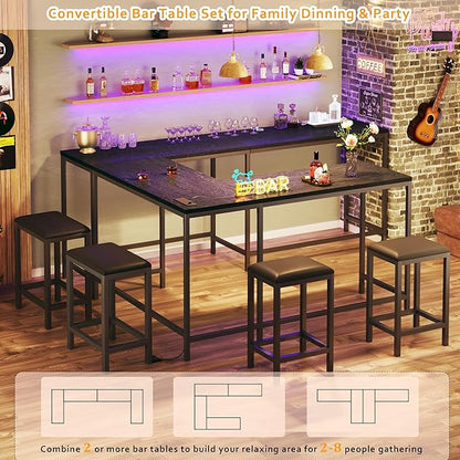 HUAHUU L Shaped Bar Table with Stools, 63‘’ Bar Height Table with Power Outlets, Convertible Corner Counter Height Bar Table with 2 Stools, Rectangular High Top Table for Small Spaces, Breakfast Nook