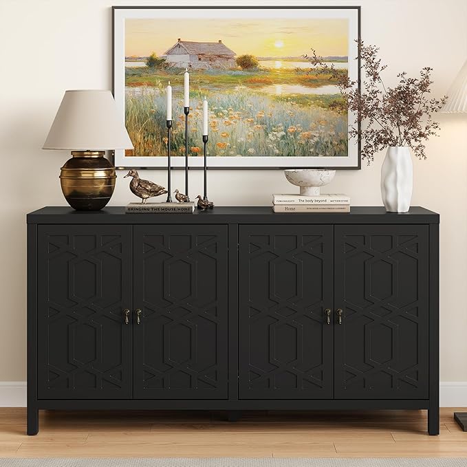 RoyalCraft Buffet Cabinet with Storage, 60" W Modern Coffee Bar Sideboard with 4 Doors & Adjustable Shelves, Painted Wooden Credenza for Dining Room, Kitchen, Living Room, Entryway, Black