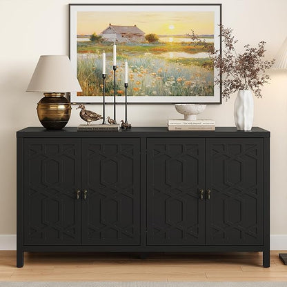 RoyalCraft Buffet Cabinet with Storage, 60" W Modern Coffee Bar Sideboard with 4 Doors & Adjustable Shelves, Painted Wooden Credenza for Dining Room, Kitchen, Living Room, Entryway, Black