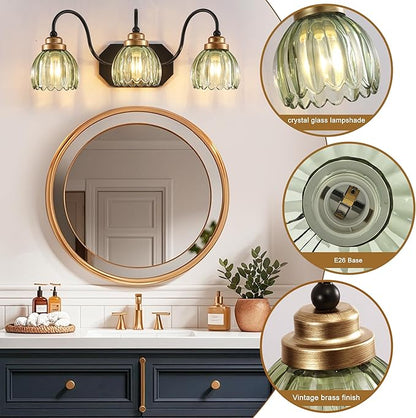 Vintage Bathroom Vanity Light, Bathroom Lighting Fixtures Over Mirror, Mid Century Style Farmhouse Light Fixtures with Green Glass Shades, Black Finish Wall Mount for Bedroom (Green, 3-Light)