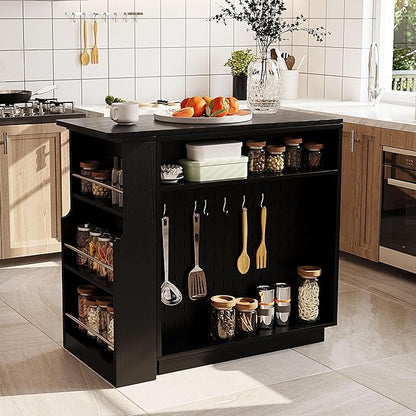 Modern Expandable Dining Table with Open Storage Shelf, Kitchen Island with Sliding Doors, Buffet Cabinet with Aluminum Alloy Handles (Black)