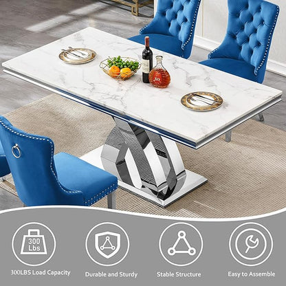 68" Faux Marble White Dining Table for 6-8, Modern Dining Room Table with 0.71" Marble Printing MDF Top and X-Shaped Silver Stainless Steel Base, Rectangle Kitchen Dinner Table