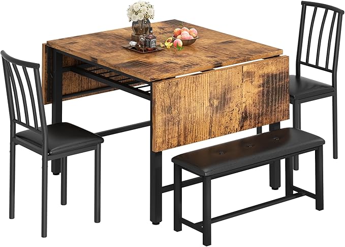 Lamerge 4-Piece Dining Table Set for 3-6 People, 63" Extendable Kitchen Table Set with 1 Bench and 2 Backrest Chairs, Faux Wood Table Square Dining Table Set with Drop Leaf for Small Space