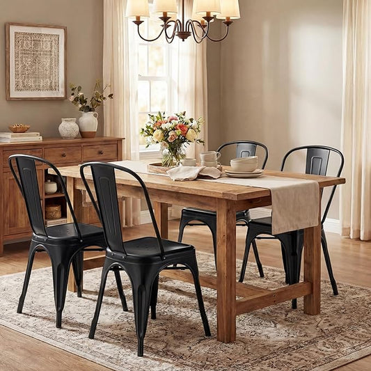 Shahoo Metal Dining Chairs Classic Iron Stackable Industrial Vintage Trattoria with Back, Indoor-Outdoor Side Settee for Home Bistro Cafe Kitchen Restaurant Set of 4, Black