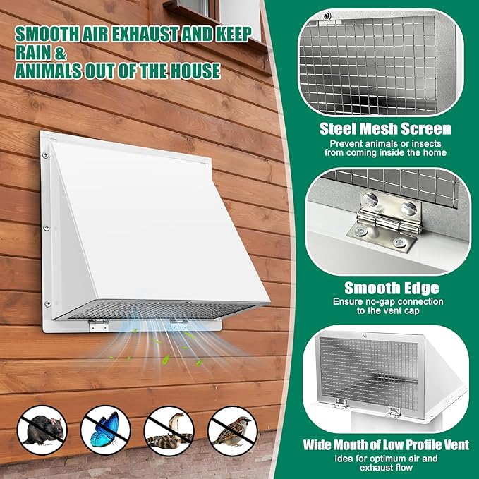 8 Inch Wall Vent Cover with Hood for Kitchen Range Hood Dryer Duct, White