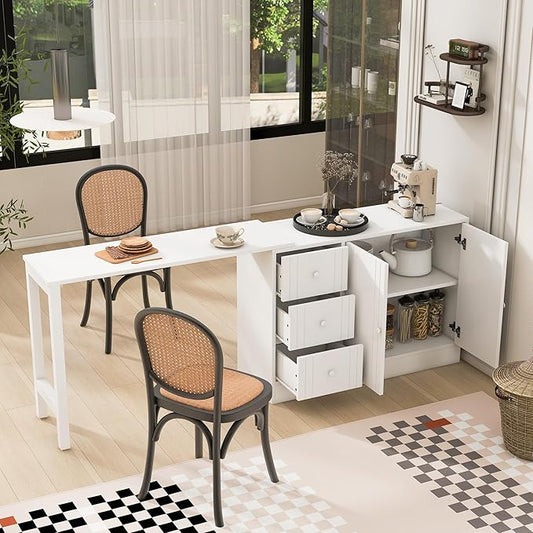 Virubi Kitchen Island with Extendable Table,3 Drawers and Storage Cabinet, Wood Sideboard Buffet Cabinet with Storage, for Living Room, Kitchen,Dining Room (White)