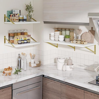 Deep Wall Shelves 48"W x 12"D Engineered Wood Floating Shelves for Wall, Sturdy Metal Bracket(Gold) Bookshelves Home Decor Storage for Living Room Bedroom Bathroom Kitchen, Set of 2, White Finish
