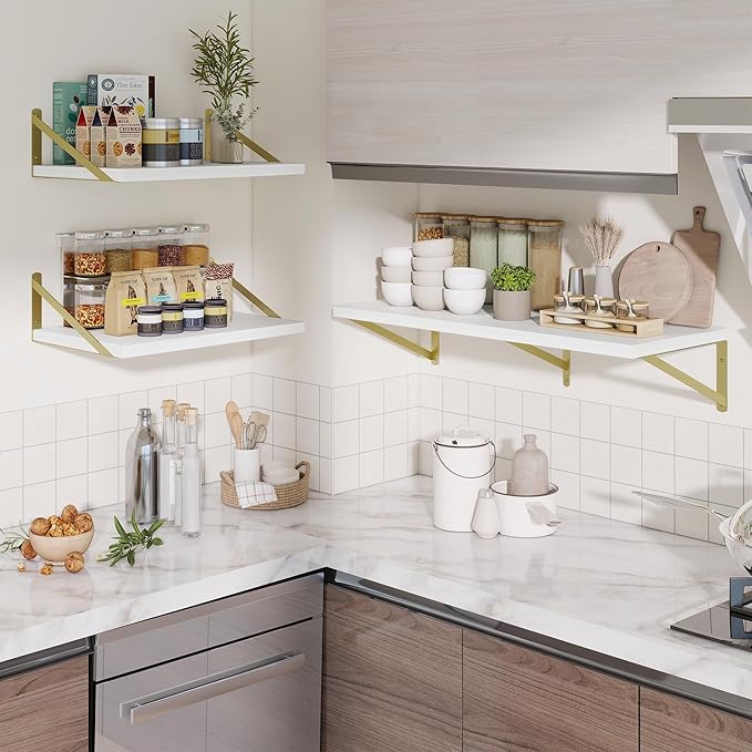Deep Wall Shelves 55"W x 12"D Engineered Wood Floating Shelves for Wall, Sturdy Metal Bracket(Gold) Bookshelves Home Decor Storage for Living Room Bedroom Bathroom Kitchen, Set of 2, White Finish