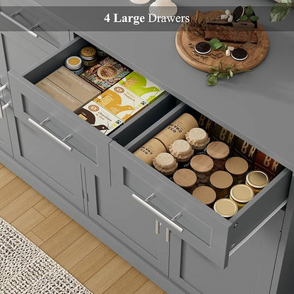 HOSTACK 60" Large Buffet Sideboard with Storage, 36" Tall Kitchen Buffet Storage Cabinet with 4 Drawers, Modern Coffee Bar Cabinet with Gold Handles, Long Sideboard Buffet Table for Kichen, Grey