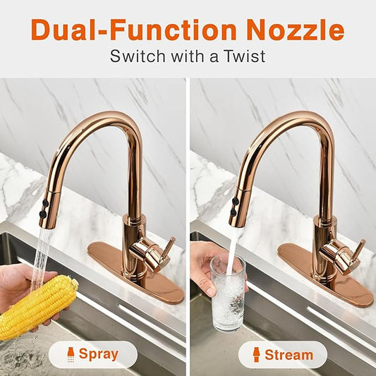 RULIA Kitchen Faucet, Kitchen Sink Faucet, Sink Faucet, Pull-Down Kitchen Faucets, Bar Kitchen Faucet, Copper Rose Gold, Metal Spray Head, RB1025